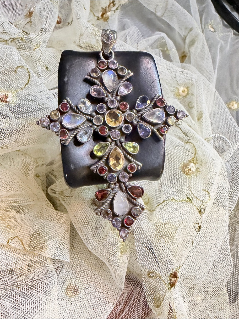 925 Sterling Silver Cross Pendant with Multi Colored Gens